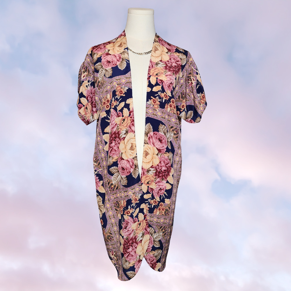 Vtg Circa 2000 Pink Yellow Blue Floral Rose Satin Soft Midi Short Sleeve Robe S